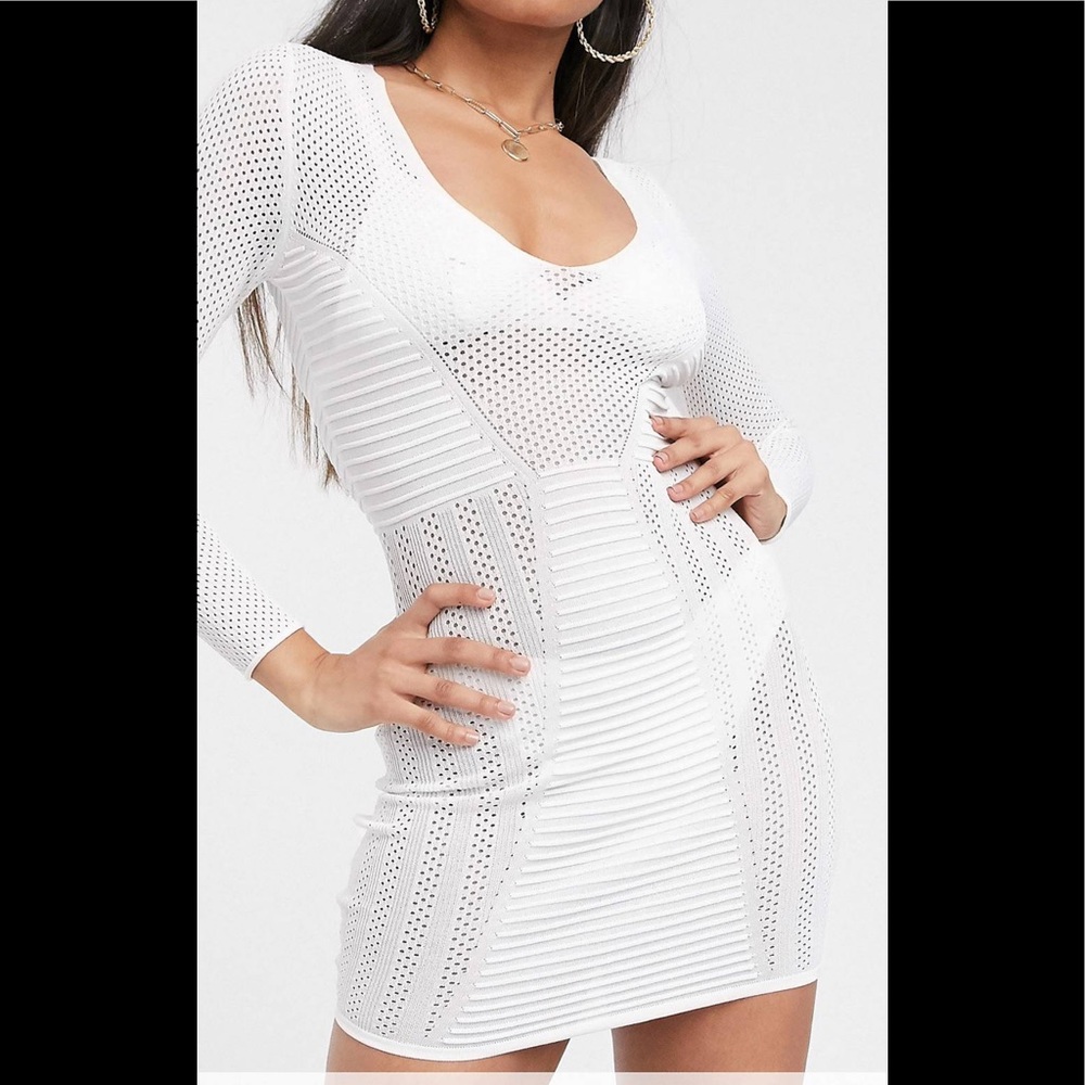 asos white knit mini dress coverup ribbed with knit detail sexy semi sheer
